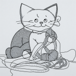 A happy kitten joyfully playing with yarn, depicted in simple black and white line art style, ideal for coloring book enthusiasts seeking creative expression.