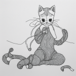 A simple black and white line art of a happy kitten playing with yarn, designed for coloring with clean outlines and blank fill areas on a white background.