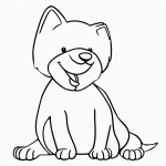 Simple black and white line art of a happy puppy sitting with a bone, perfect for children's coloring pages. Features bold clean outlines on a flat white background.