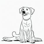 A simple black and white vector line art of a happy puppy sitting with a bone, designed as a children's printable coloring page with bold outlines.