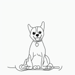 Simple black and white vector line art of a happy puppy sitting with a bone, featuring bold clean outlines, contour drawing, and minimal composition for coloring.