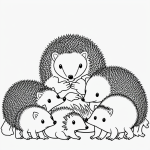 A simple black and white line art of a hedgehog family, featuring clean outlines and uncolored fill areas, perfect for coloring book enthusiasts.