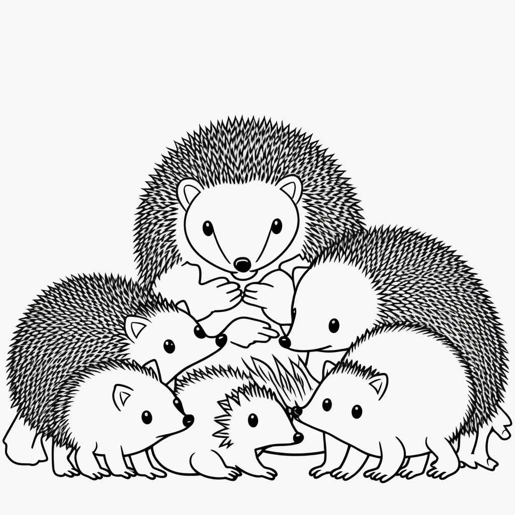 Hedgehog Family Coloring Book Style: Simple Line Art