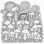 Black and white coloring book illustration of a hedgehog surrounded by mushrooms, featuring thick clean outlines, perfect for coloring enthusiasts.