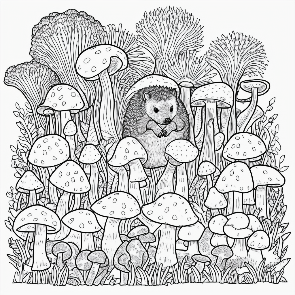 Charming Hedgehog and Mushrooms Coloring Page Fun