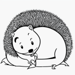 A simple black and white line art of a hedgehog sniffing a flower, designed as a children's printable coloring page with bold outlines.