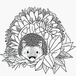 Simple black and white vector line art of a hedgehog sniffing a flower, featuring bold outlines and a flat white background suitable for children's coloring pages.