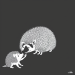 Black and white vector line art of a hedgehog sniffing a flower, designed with bold clean outlines on a flat white background, ideal for children's coloring pages.