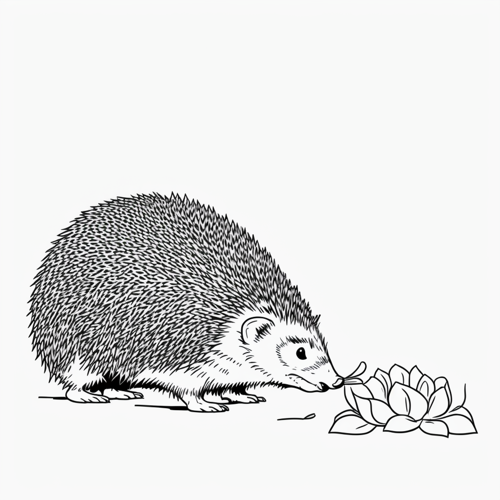 Charming Hedgehog Sniffing Flower: Line Art Coloring Fun