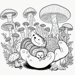 A charming black and white coloring book illustration featuring a cute hedgehog nestled under whimsical mushrooms, inviting creativity and relaxation.
