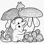 Black and white line art of a hedgehog with mushrooms, featuring clean, simple outlines and blank fill areas ideal for coloring.