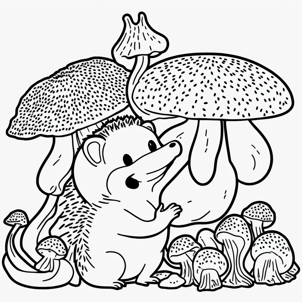 Explore Hedgehog and Mushrooms Line Art Coloring Book