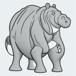 A cartoon hippopotamus in black and white line art style with simple outlines and blank fill areas, perfect for coloring book enthusiasts.
