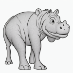 Black and white hippopotamus cartoon line art with simple outlines, perfect for coloring. Clean design with blank fill areas and no shading, on a white background.