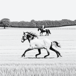 Simple black and white vector line art of a horse galloping in a field with bold, clean outlines on a flat white background for a printable coloring page.