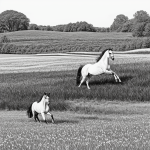 Black and white coloring book illustration of a horse running in a meadow with bold outlines, perfect for creative and relaxing coloring activities.
