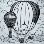 Black and white hot air balloon cartoon with clean outlines, perfect for coloring book enthusiasts seeking simple, unshaded designs.