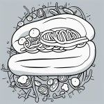 Hot dog cartoon line art illustration with simple outlines, pure black and white, designed for coloring enthusiasts seeking clean, uncolored blank fill areas.