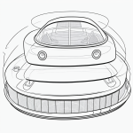 Black and white hovercraft cartoon with simple outlines in coloring book style, perfect for creative expression and coloring fun.