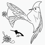 Black and white vector line art of a hummingbird hovering near a flower with bold outlines, perfect for a children's printable coloring page.