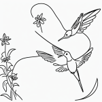 Simple black and white vector line art of a hummingbird hovering near a flower, ideal for children's coloring pages with bold outlines and minimal composition.