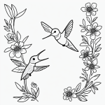 Simple black and white vector line art of a hummingbird hovering near flowers, featuring bold clean outlines on a flat white background for a coloring page.