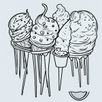 Ice cream cone cartoon with simple outlines, in black and white line art style, ideal for coloring books with clean, uncolored fill areas on a white background.