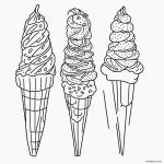 A simple black and white vector line art of an ice cream cone with three scoops, featuring bold clean outlines and a flat white background, ideal for kids' coloring.