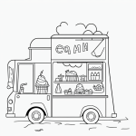 Black and white vector line art of an ice cream truck by the beach, featuring bold, clean outlines and a minimalistic composition, ideal for a children's coloring page.