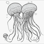 Black and white jellyfish cartoon line art with clean outlines and blank fill areas, suitable for coloring books on a white background.