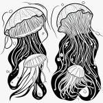 A jellyfish cartoon in simple line art style, featuring clean black and white outlines, perfect for a coloring book with no shading or gradients.