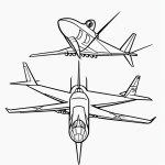A simple jet airplane cartoon line art with clean outlines, perfect for coloring books, featuring a black and white design with blank fill areas.