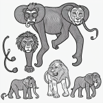 Black and white line art of jungle animals including a lion, monkey, and elephant, designed for coloring enthusiasts and art lovers.