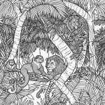 Black and white jungle scene illustration featuring a lion, monkey, and parrot with thick, clean outlines, perfect for coloring enthusiasts.