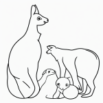 Black and white vector line art of a kangaroo with a baby in its pouch, featuring bold outlines on a flat white background, ideal for children's coloring.