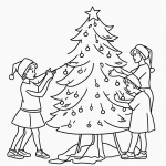 Simple black and white vector line art of kids decorating a Christmas tree, perfect for a children's printable coloring page with bold, clean outlines.
