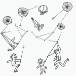 Simple black and white vector line art of kids flying kites on a windy day, featuring bold outlines and a flat white background.