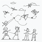 Simple black and white vector line art of kids flying kites on a windy day with bold outlines and flat white background, ideal for children's coloring pages.