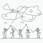 Simple black and white vector line art of kids flying kites on a windy day, featuring bold outlines and minimal composition for children's printable coloring fun.