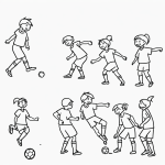 Line art of kids playing soccer, featuring simple black and white outlines for a coloring book style, perfect for children's creative activities.