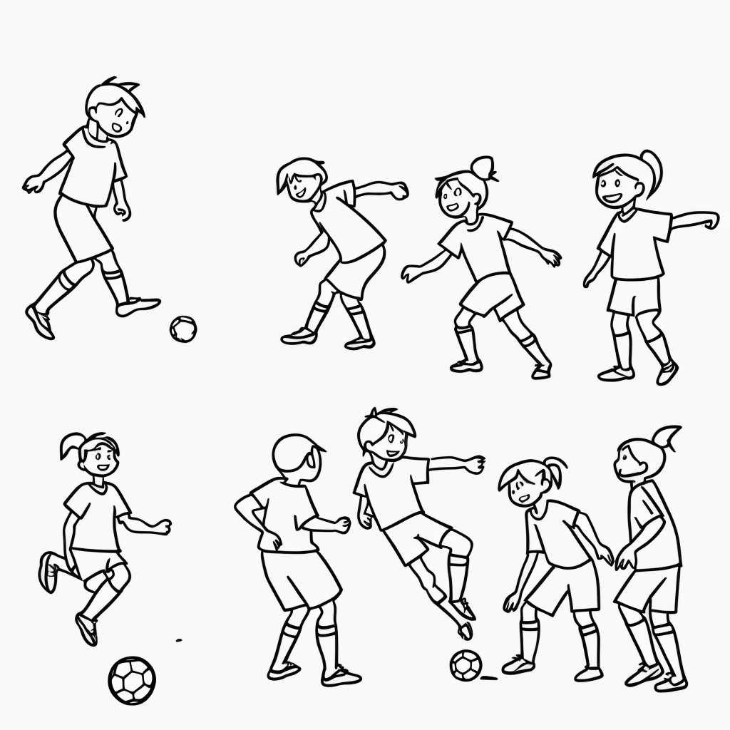 Kids Playing Soccer Line Art for Coloring Books