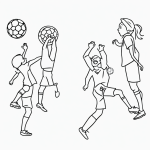 Simple black and white vector line art of kids playing soccer, featuring bold clean outlines on a flat white background, perfect for children's coloring pages.