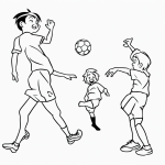 Simple black and white vector line art of kids playing soccer with a ball, featuring bold, clean outlines on a flat white background, ideal for children's coloring pages.