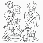 Simple black and white vector line art of a boy and girl roasting marshmallows, featuring bold clean outlines on a flat white background, ideal for kids coloring pages.