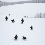 Simple black and white vector line art of kids sledding down a snowy hill, with bold, clean outlines and a flat white background, perfect for children's coloring.