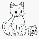 A cute kitten cartoon in simple black and white line art, ideal for a coloring book style with clean outlines and blank fill areas on a white background.