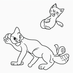 Black and white vector line art of a playful kitten chasing a butterfly with bold outlines, designed as a children's printable coloring page.