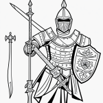 Simple black and white vector line art of a knight with sword and shield, featuring bold clean outlines on a flat white background, ideal for children's coloring.