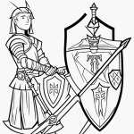 Black and white vector line art of a knight holding a sword and shield, designed for children's printable coloring pages with bold, clean outlines.