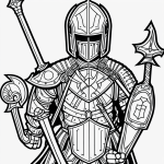 Line art of a knight with sword and shield, showcasing simple outlines in a coloring book style with clean, uncolored areas and a white background.